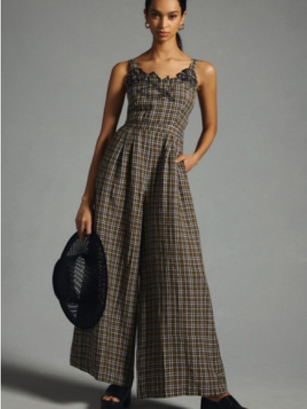 Anthropologie Embroidered Plaid Wide Leg Jumpsuit